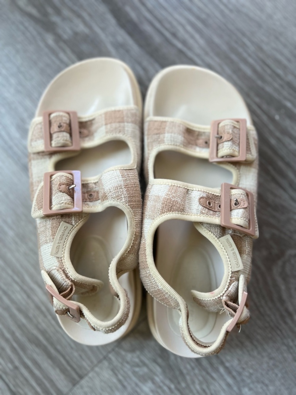 Charles & Keith Cream and Tan Plaid Buckle Sandals